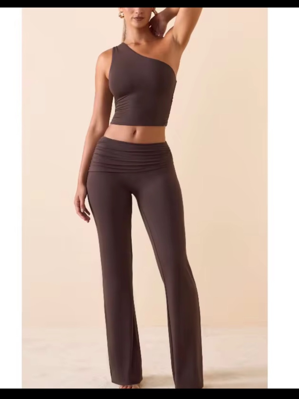 One-Shoulder Crop Top and Wide-Leg Pants Set - Brown